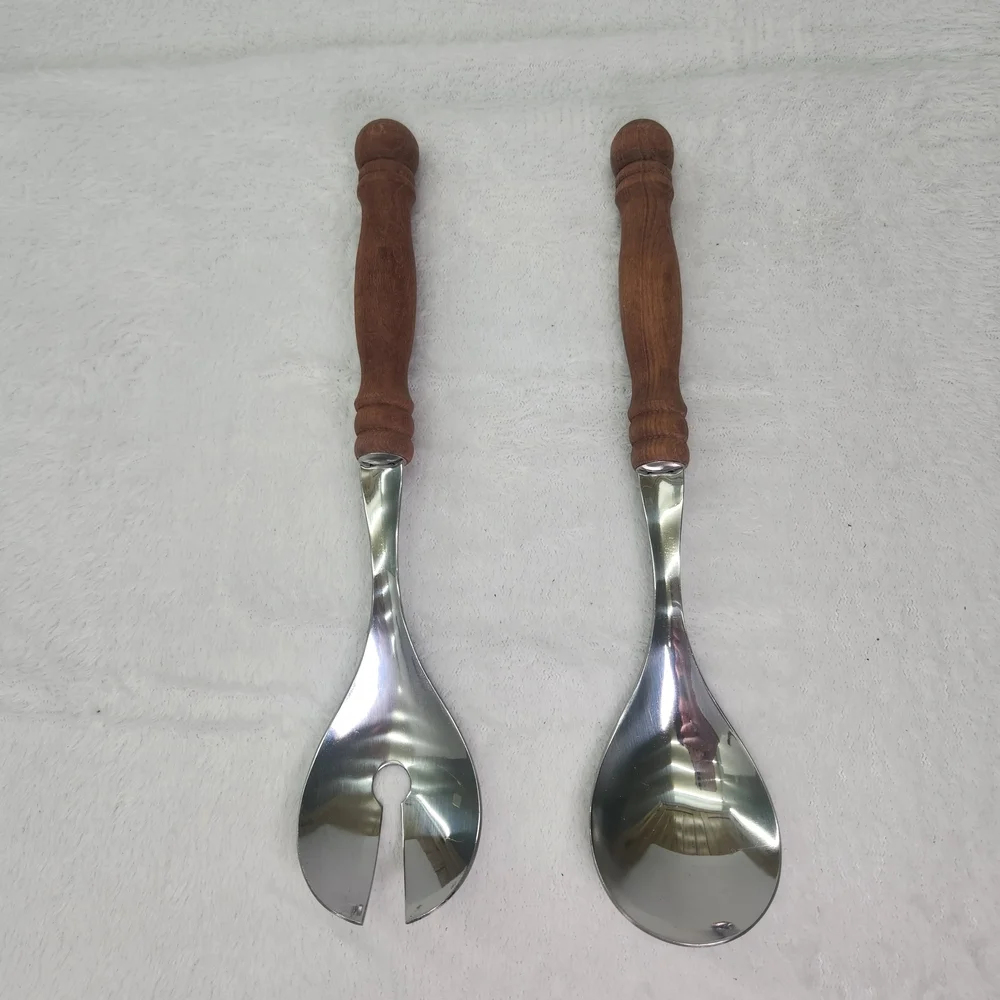 Vintage Wooden Handle Stainless Steel Salad Server Set 11
